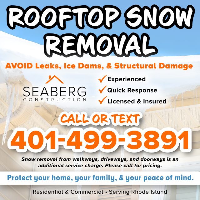 rooftop snow removal, ice dam prevention, winter roof maintenance, professional snow removal, roof snow load, Seaberg Construction, Rhode Island roofing, safe snow removal, flat-rate snow removal, roof care tips