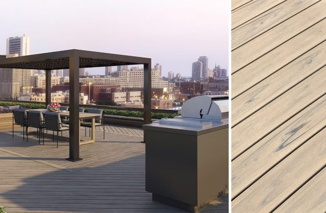 Trex Biscayne composite decking with coastal driftwood tones in a Rhode Island backyard